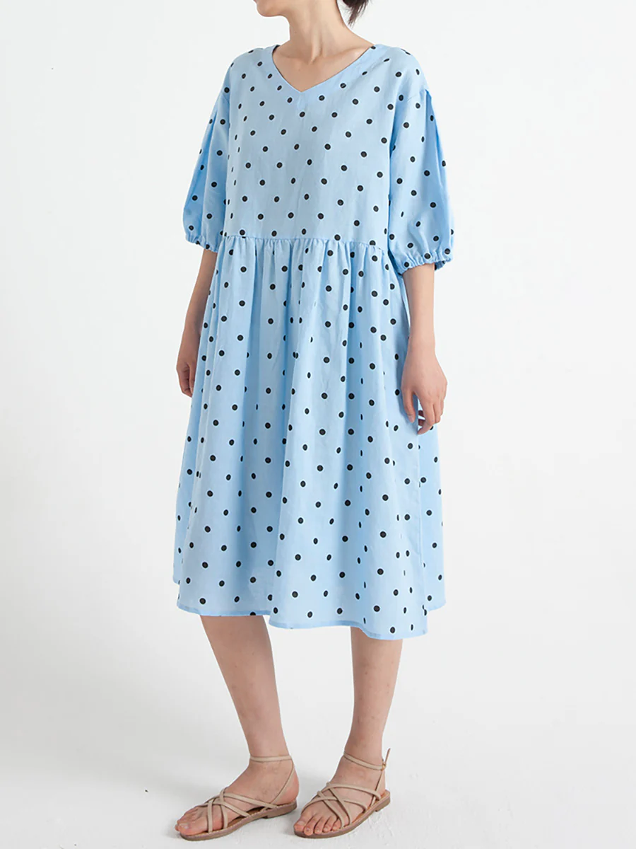 Plus Size Dot V Neck Summer Pleated Short Sleeve Dress - Image 6