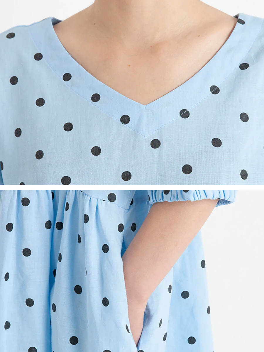 Plus Size Dot V Neck Summer Pleated Short Sleeve Dress - Image 7