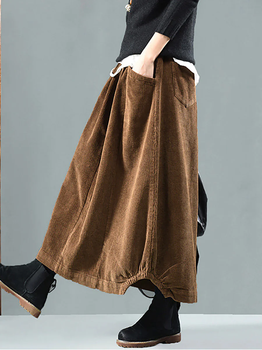 Plus Size Elastic Waist Calf Length Spring Corduroy Skirt - Image 3