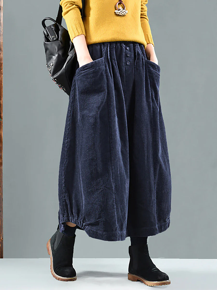 Plus Size Elastic Waist Calf Length Spring Corduroy Skirt - Image 4