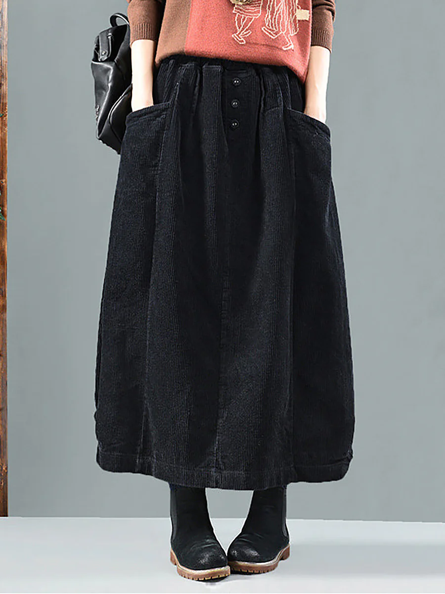 Plus Size Elastic Waist Calf Length Spring Corduroy Skirt - Image 5