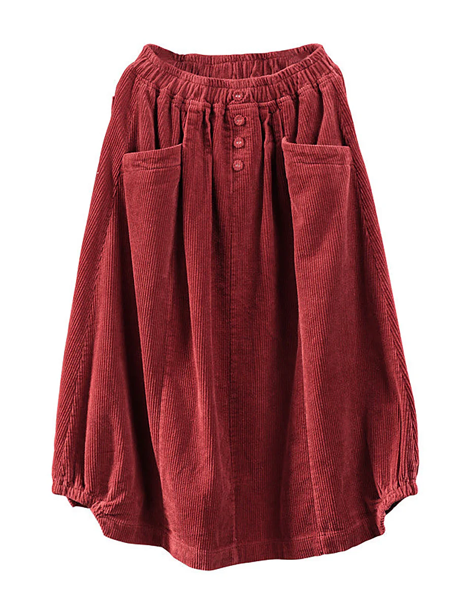 Plus Size Elastic Waist Calf Length Spring Corduroy Skirt - Image 6