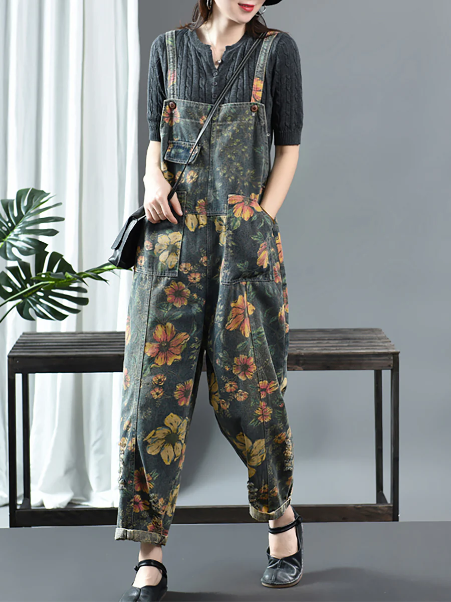 Plus Size - Flower Print Casual Denim Cotton Jumpsuit Dungarees - Image 3