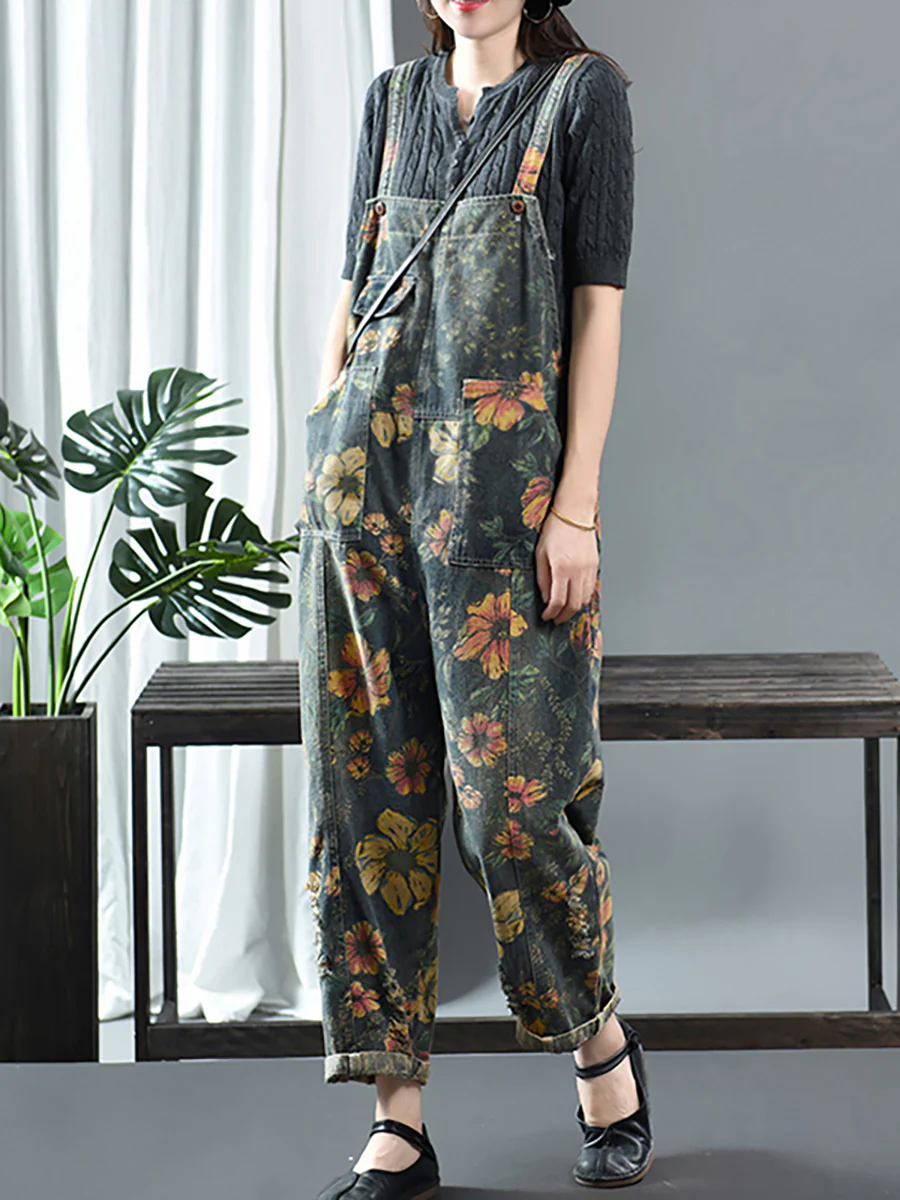 Plus Size - Flower Print Casual Denim Cotton Jumpsuit Dungarees - Image 4