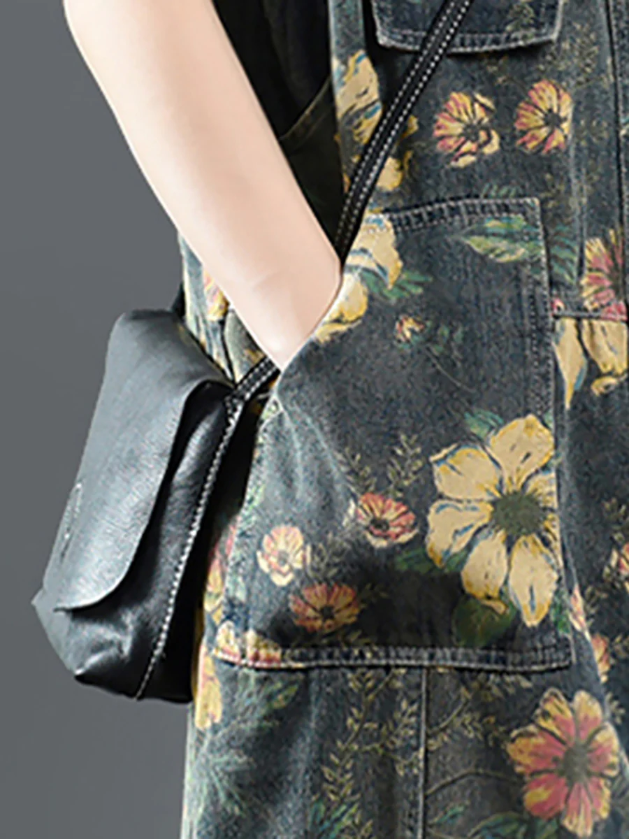 Plus Size - Flower Print Casual Denim Cotton Jumpsuit Dungarees - Image 5