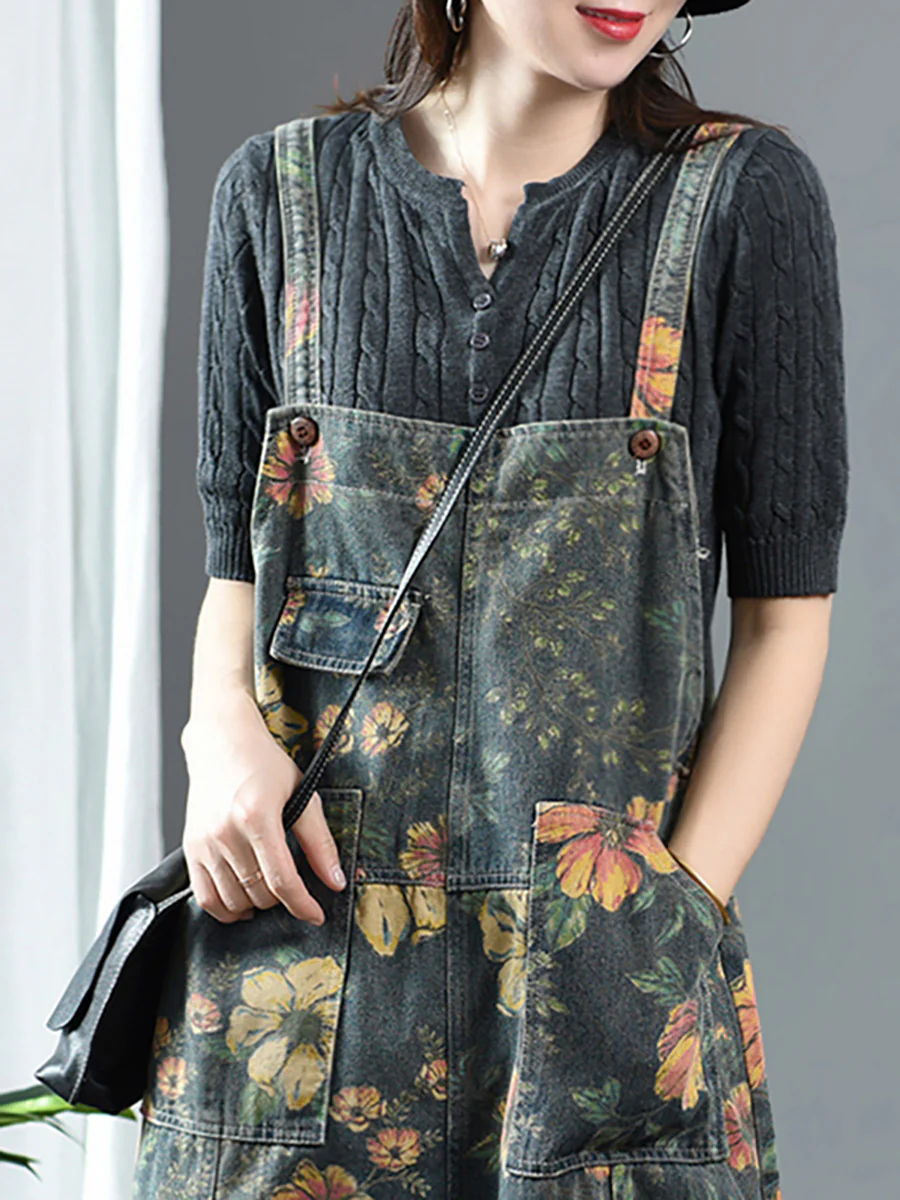 Plus Size - Flower Print Casual Denim Cotton Jumpsuit Dungarees - Image 6