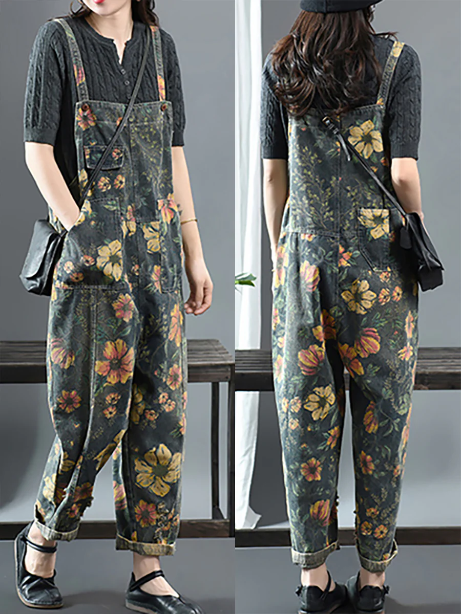 Plus Size - Flower Print Casual Denim Cotton Jumpsuit Dungarees - Image 7
