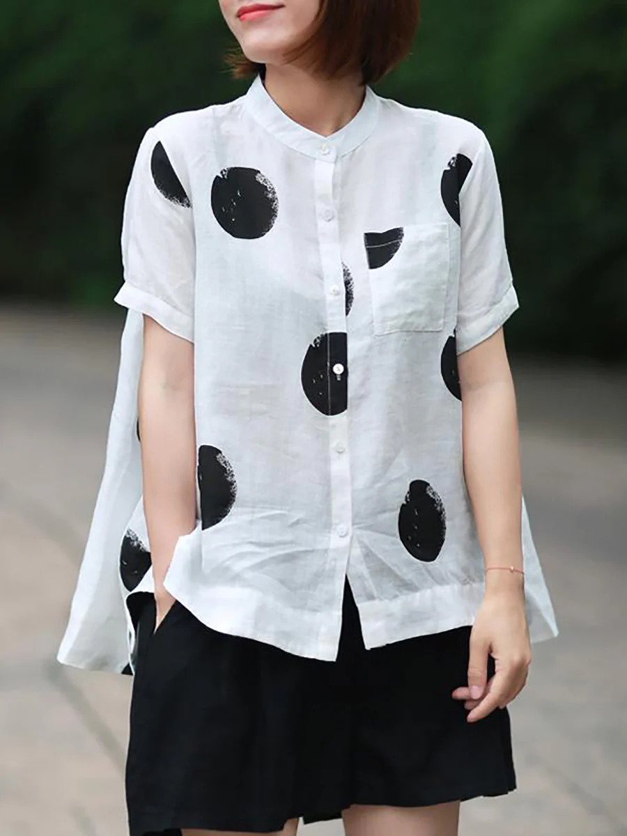 Plus Size Polka Dot Cotton Linen Stand Collar Shirt - Image 3