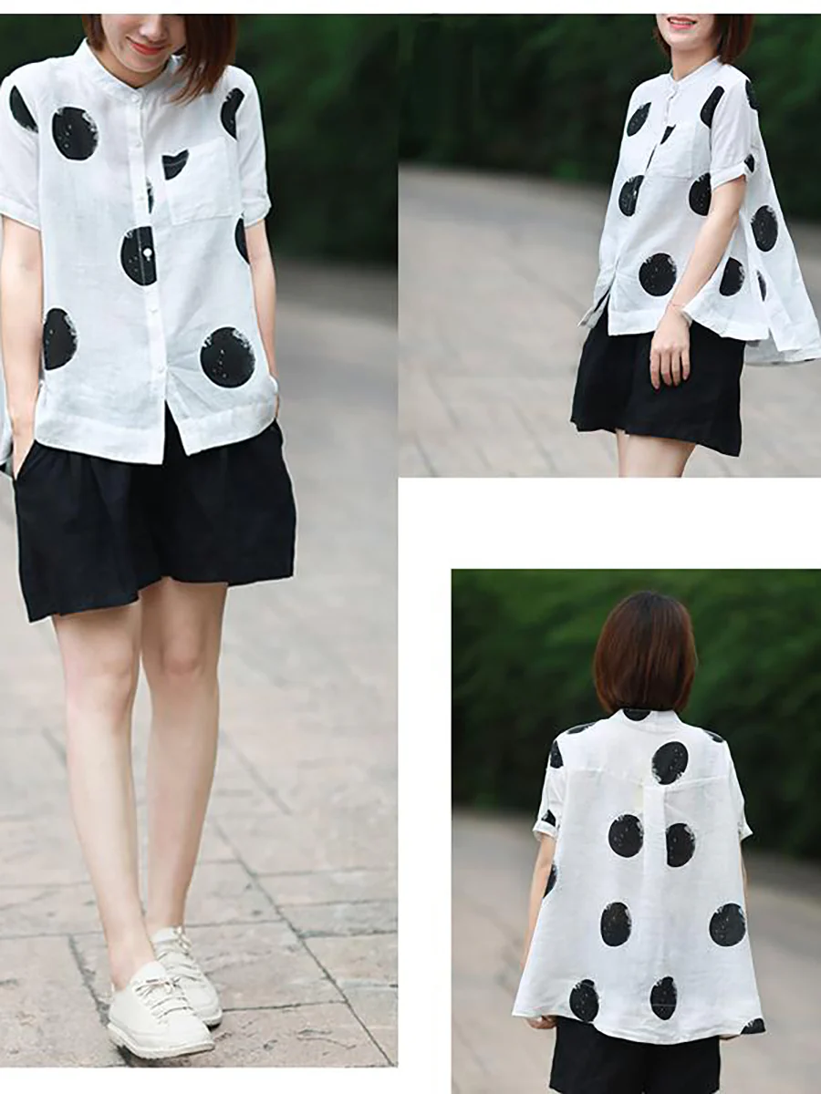 Plus Size Polka Dot Cotton Linen Stand Collar Shirt - Image 4