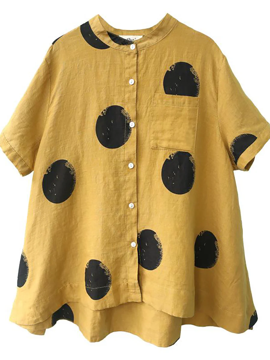 Plus Size Polka Dot Cotton Linen Stand Collar Shirt - Image 5