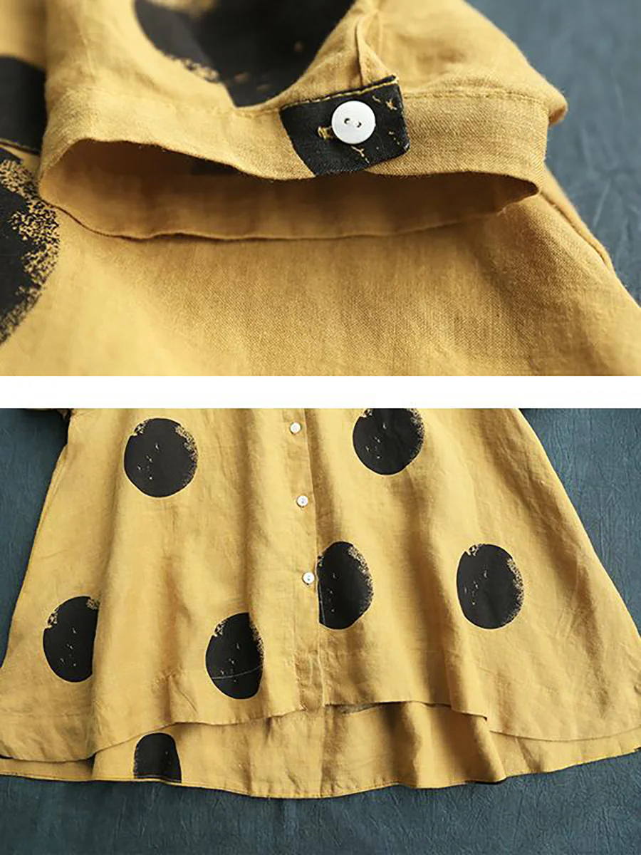 Plus Size Polka Dot Cotton Linen Stand Collar Shirt - Image 6