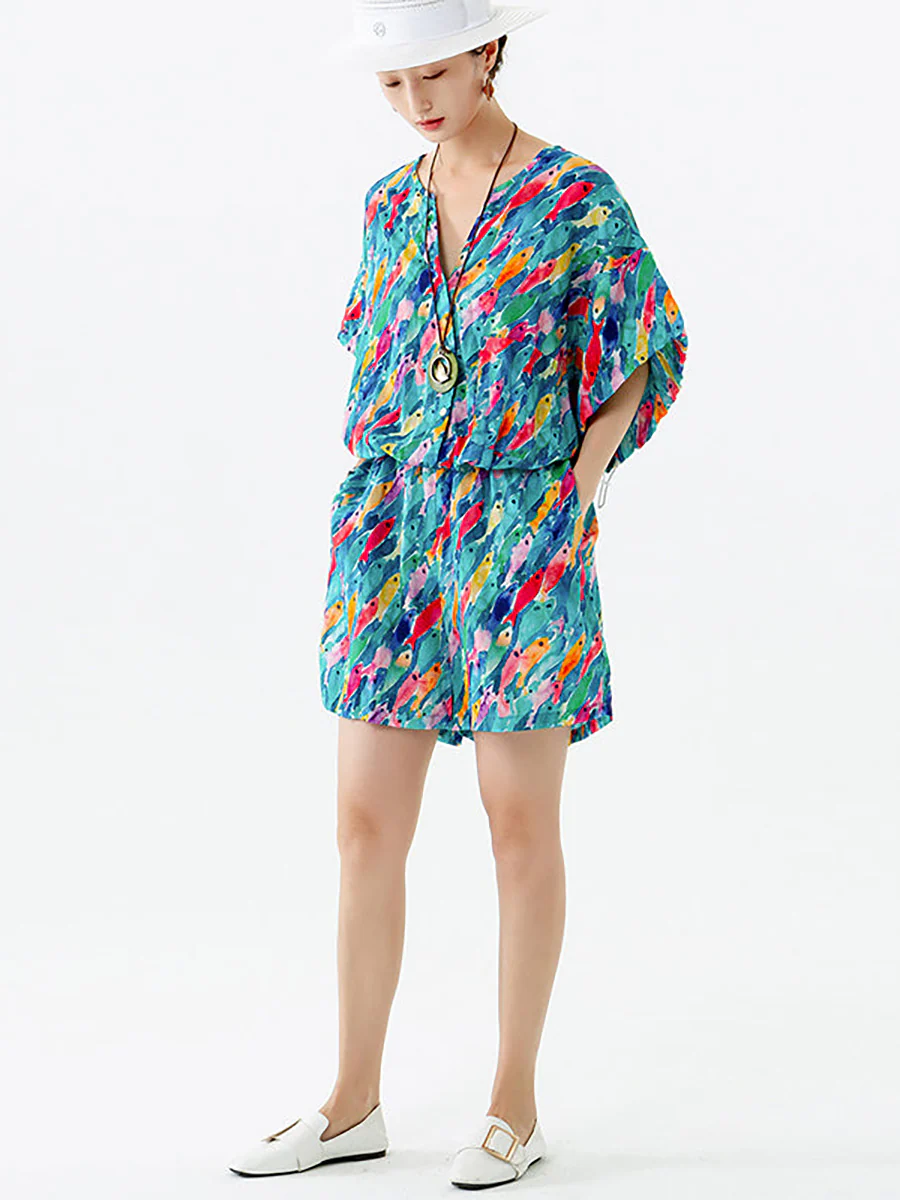 Plus Size - Women Drawstring Pocket Breasted Short Rompers - Image 3