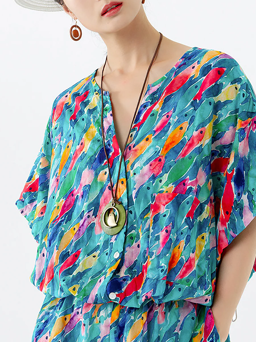 Plus Size - Women Drawstring Pocket Breasted Short Rompers - Image 6