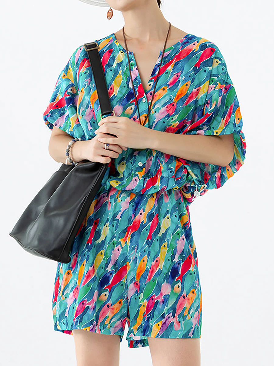 Plus Size - Women Drawstring Pocket Breasted Short Rompers - Image 7