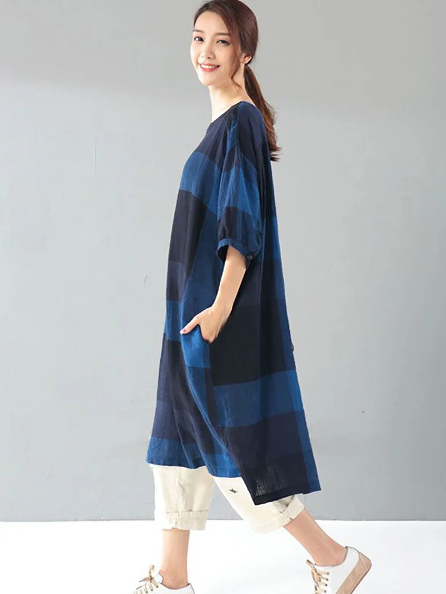 Plus Size Women Literature Lattice Loose Elbow Sleeve Dark Blue Dress - Image 3