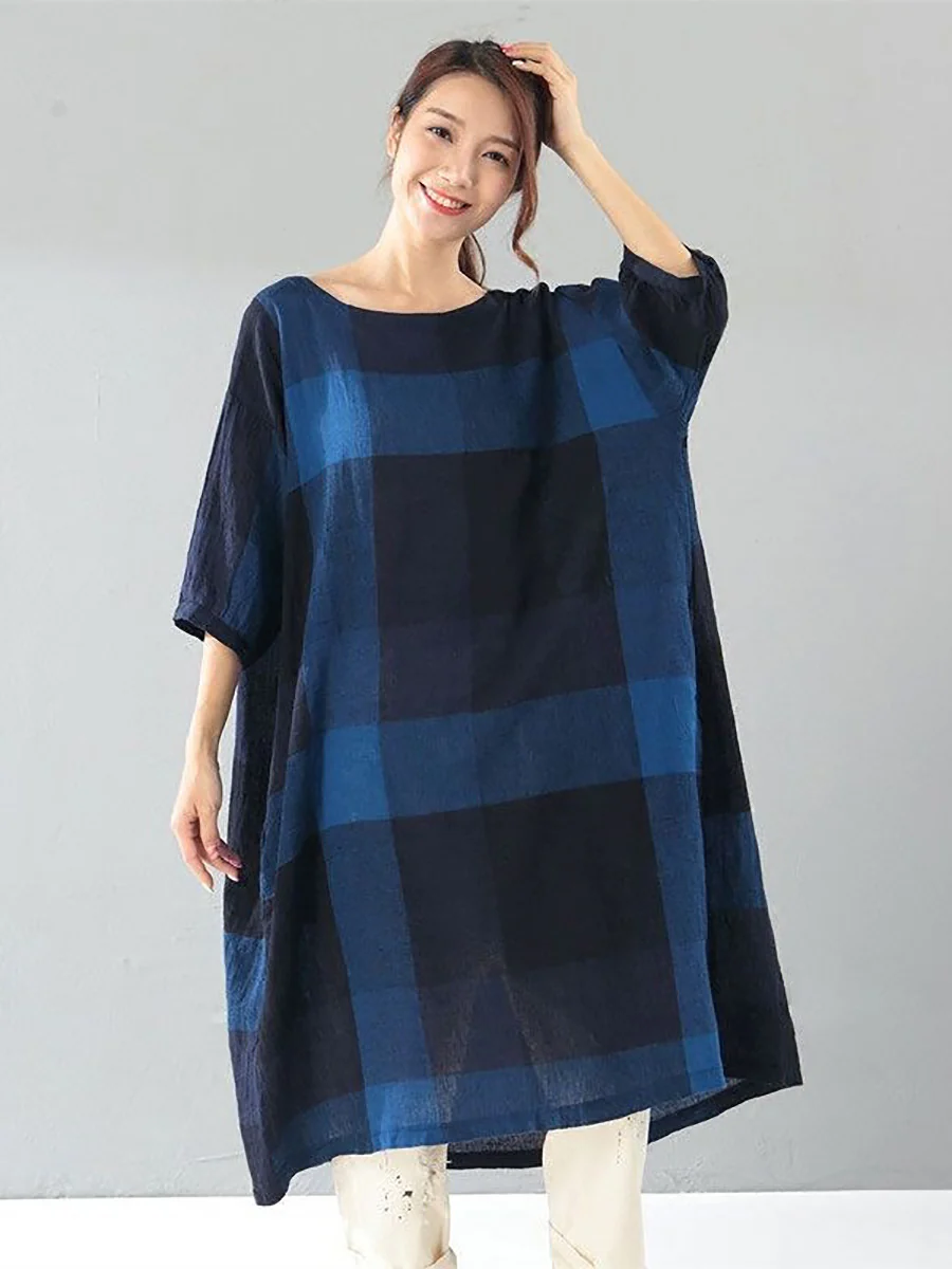 Plus Size Women Literature Lattice Loose Elbow Sleeve Dark Blue Dress - Image 4