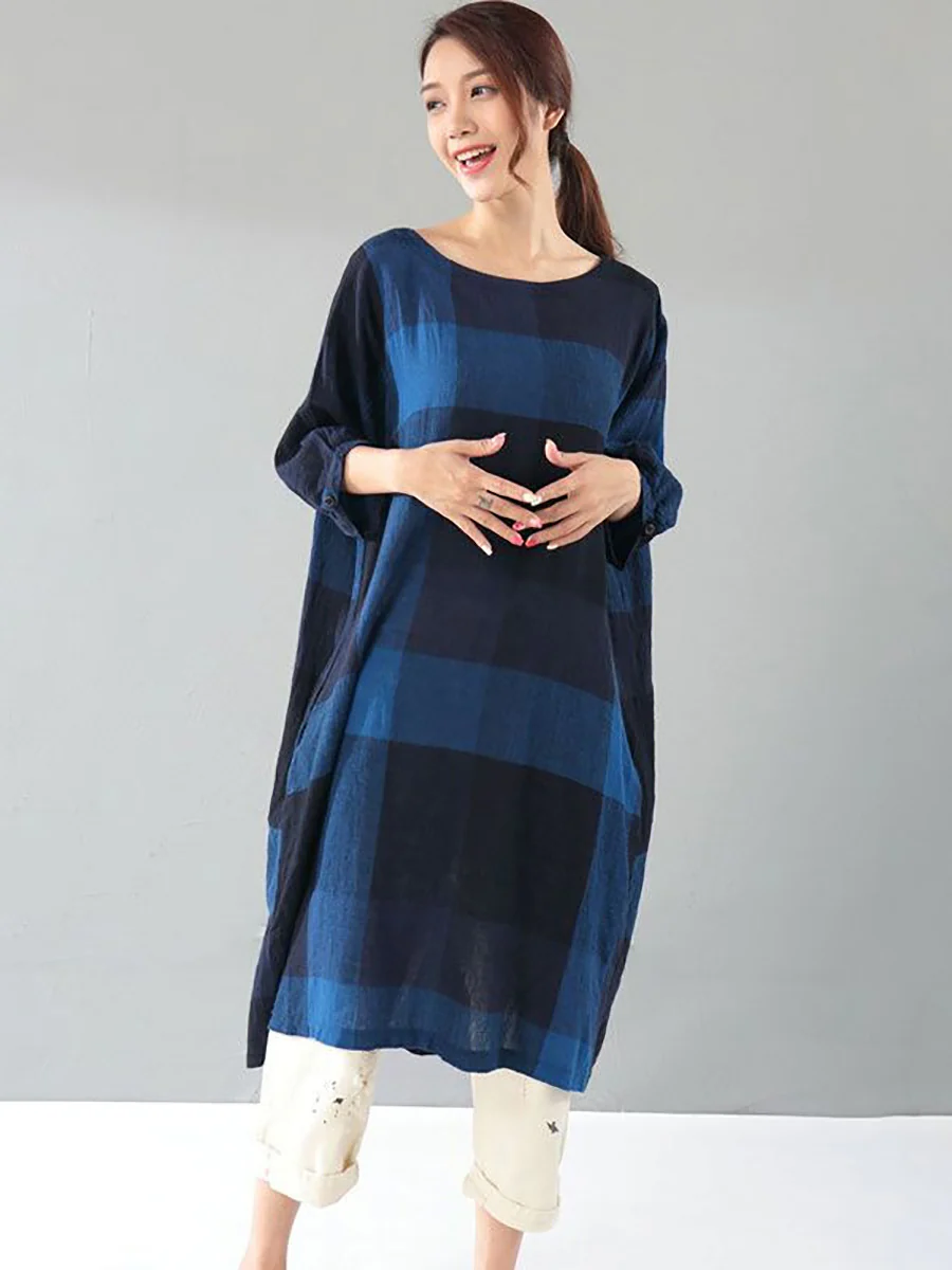 Plus Size Women Literature Lattice Loose Elbow Sleeve Dark Blue Dress - Image 5
