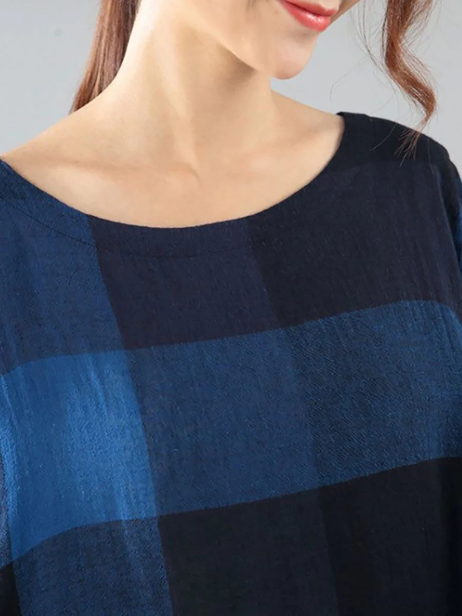 Plus Size Women Literature Lattice Loose Elbow Sleeve Dark Blue Dress - Image 6