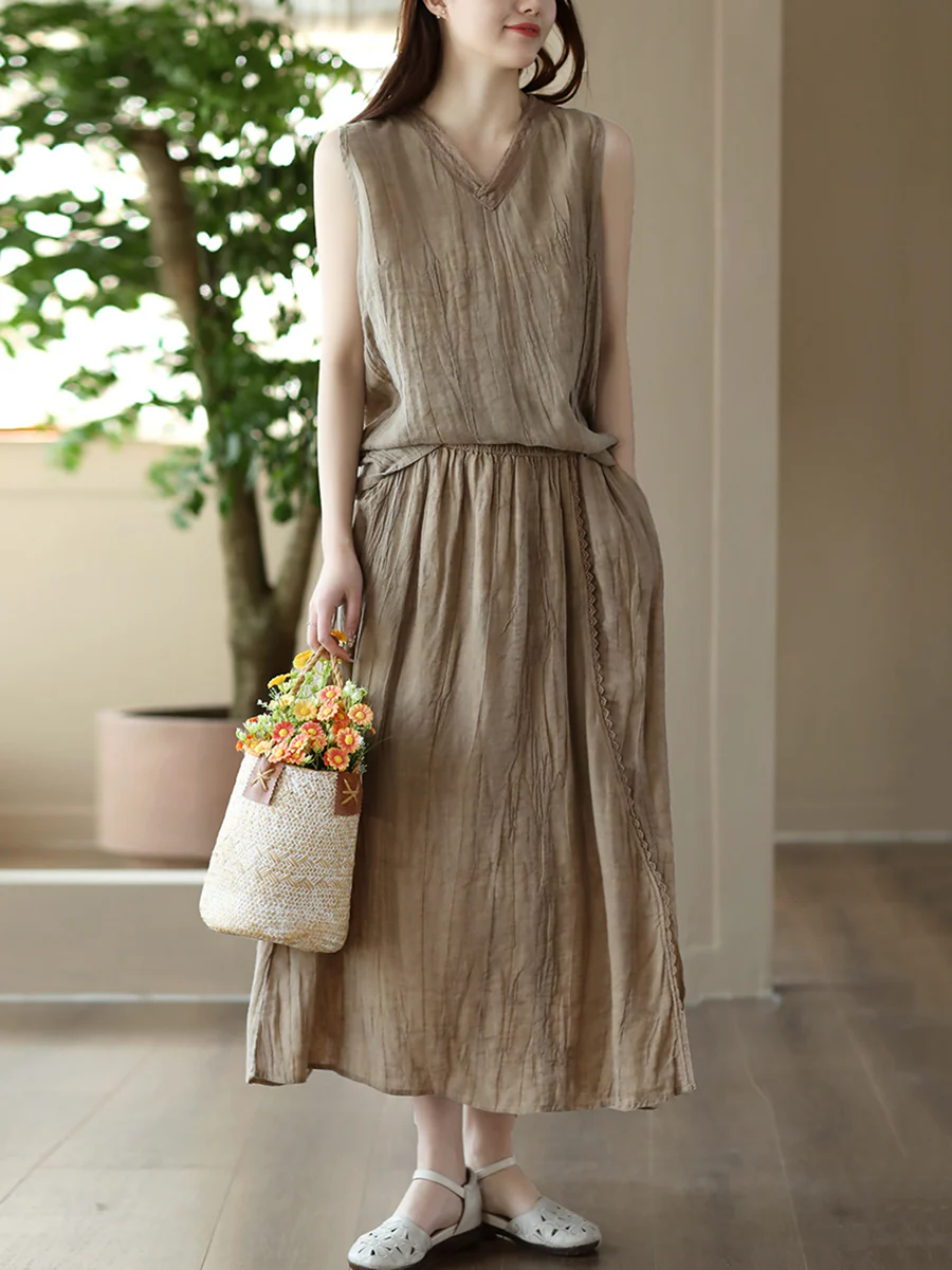 Plus Size Women Vintage Solid 100%Ramie Suits - Image 3