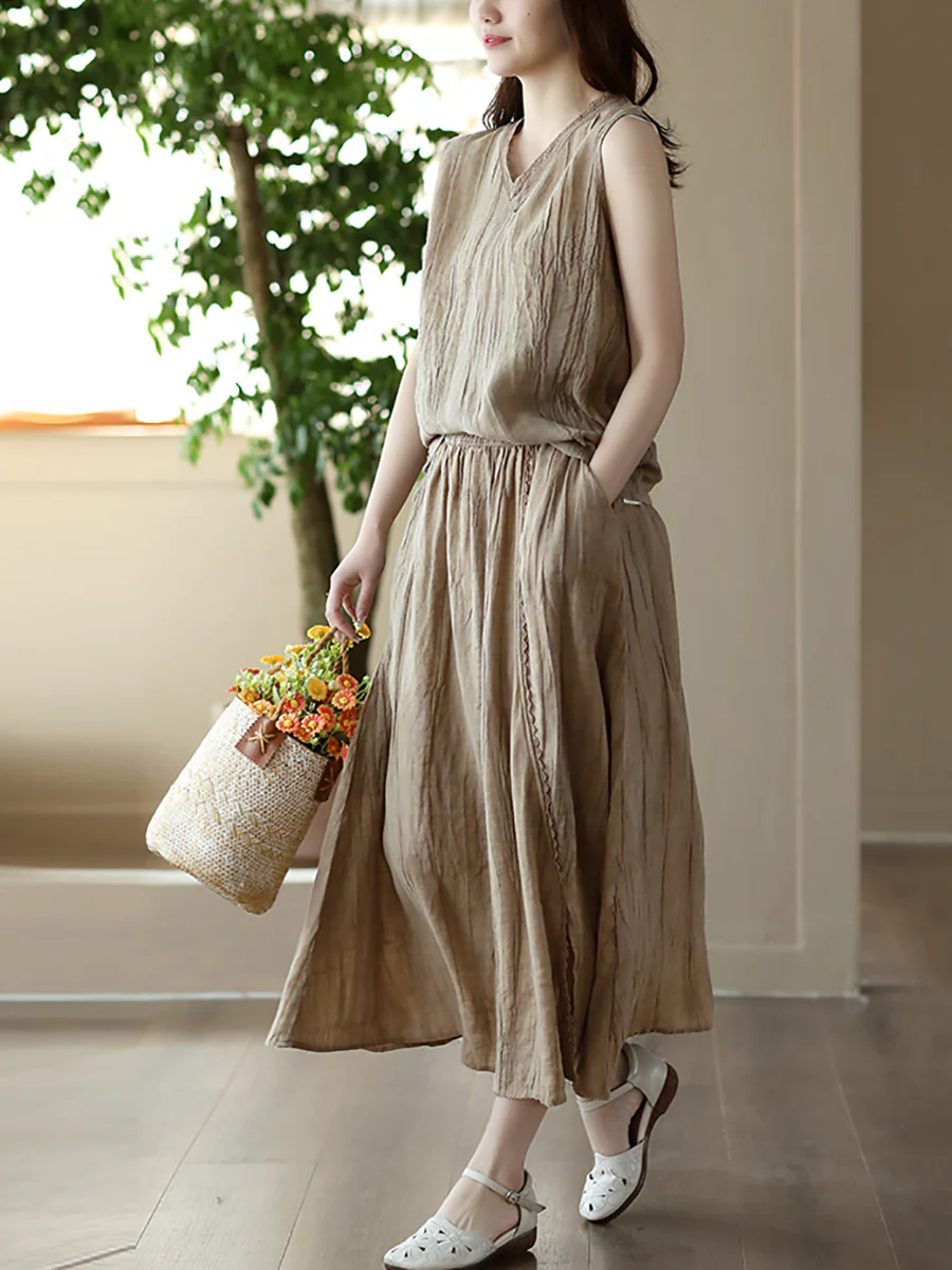 Plus Size Women Vintage Solid 100%Ramie Suits - Image 4