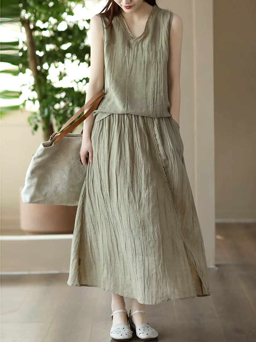 Plus Size Women Vintage Solid 100%Ramie Suits - Image 5