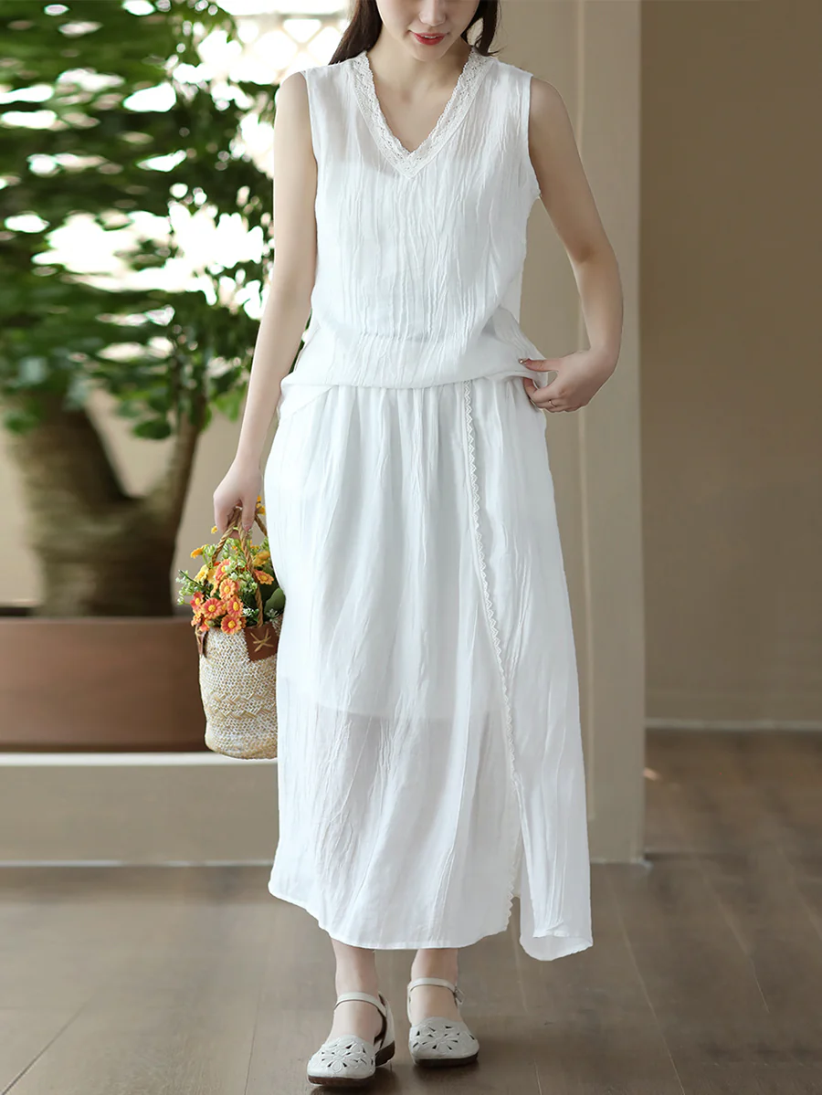 Plus Size Women Vintage Solid 100%Ramie Suits - Image 7