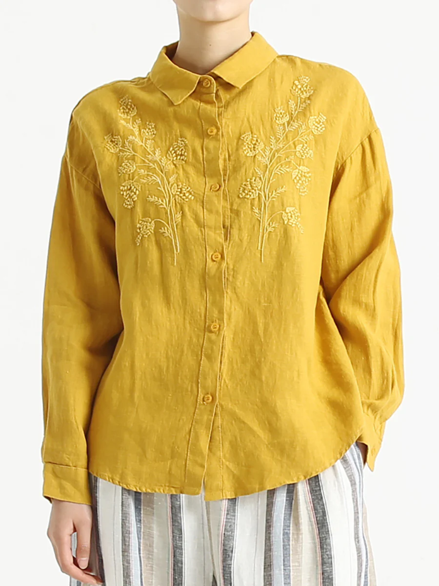 Plus Size Women Long Sleeve Linen Embroidered Loose Shirt - Image 3