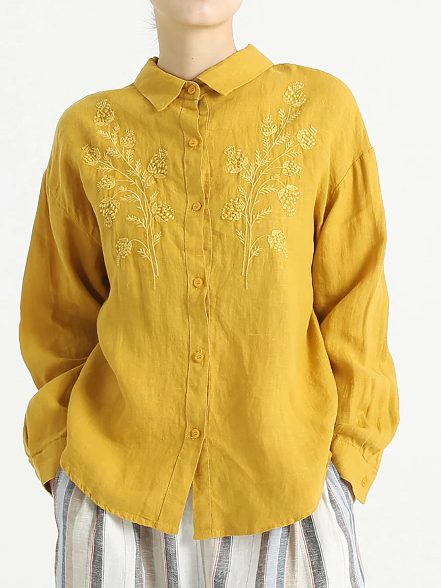 Plus Size Women Long Sleeve Linen Embroidered Loose Shirt - Image 4