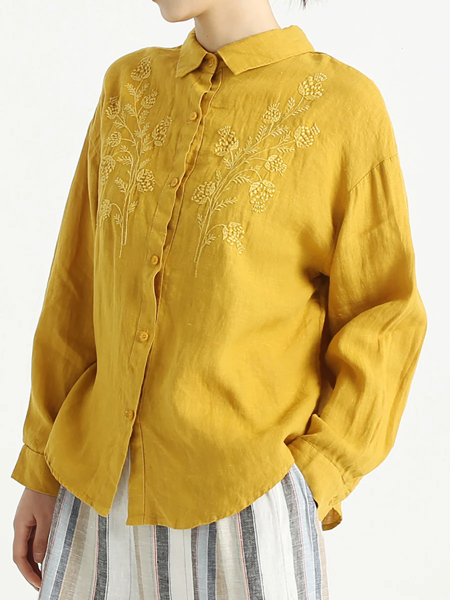 Plus Size Women Long Sleeve Linen Embroidered Loose Shirt - Image 5