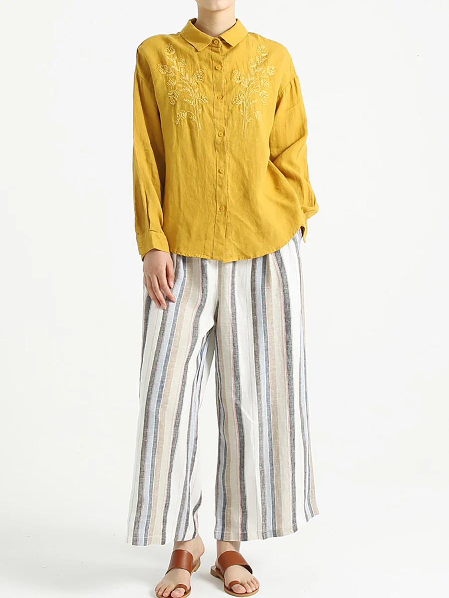 Plus Size Women Long Sleeve Linen Embroidered Loose Shirt - Image 6
