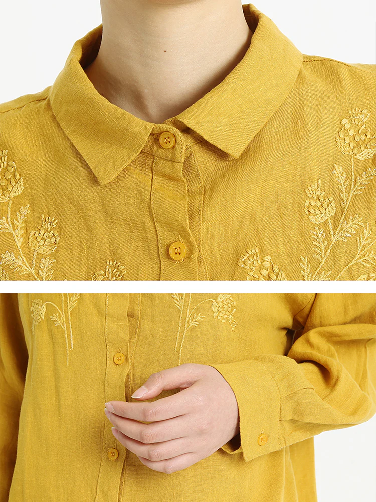 Plus Size Women Long Sleeve Linen Embroidered Loose Shirt - Image 8