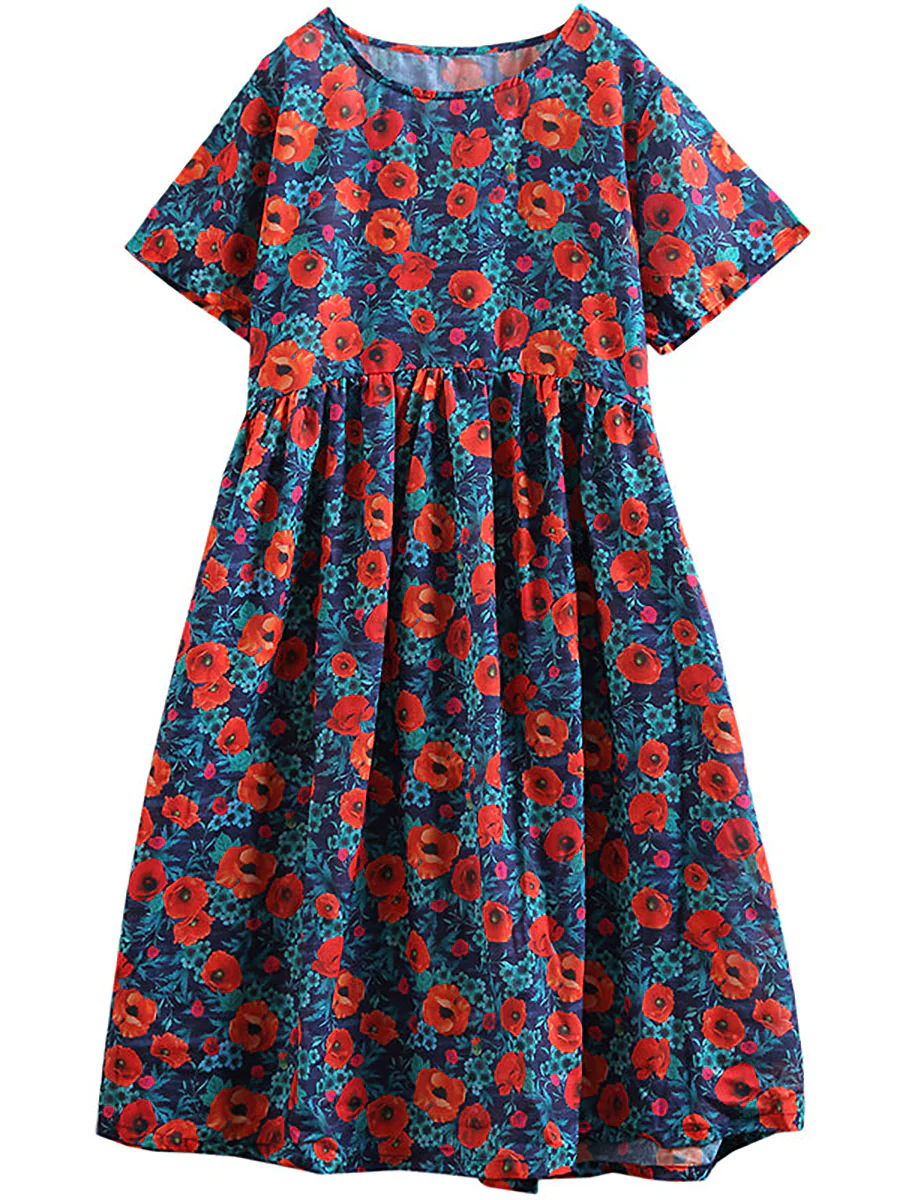 Plus Size - Floral Print Cotton Linen Loose A-Line Dress - Image 3