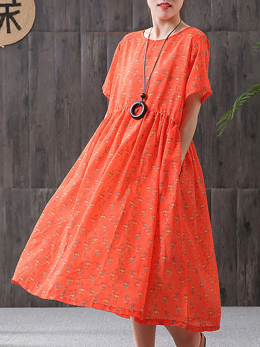 Plus Size - Floral Print Cotton Linen Loose A-Line Dress - Image 4