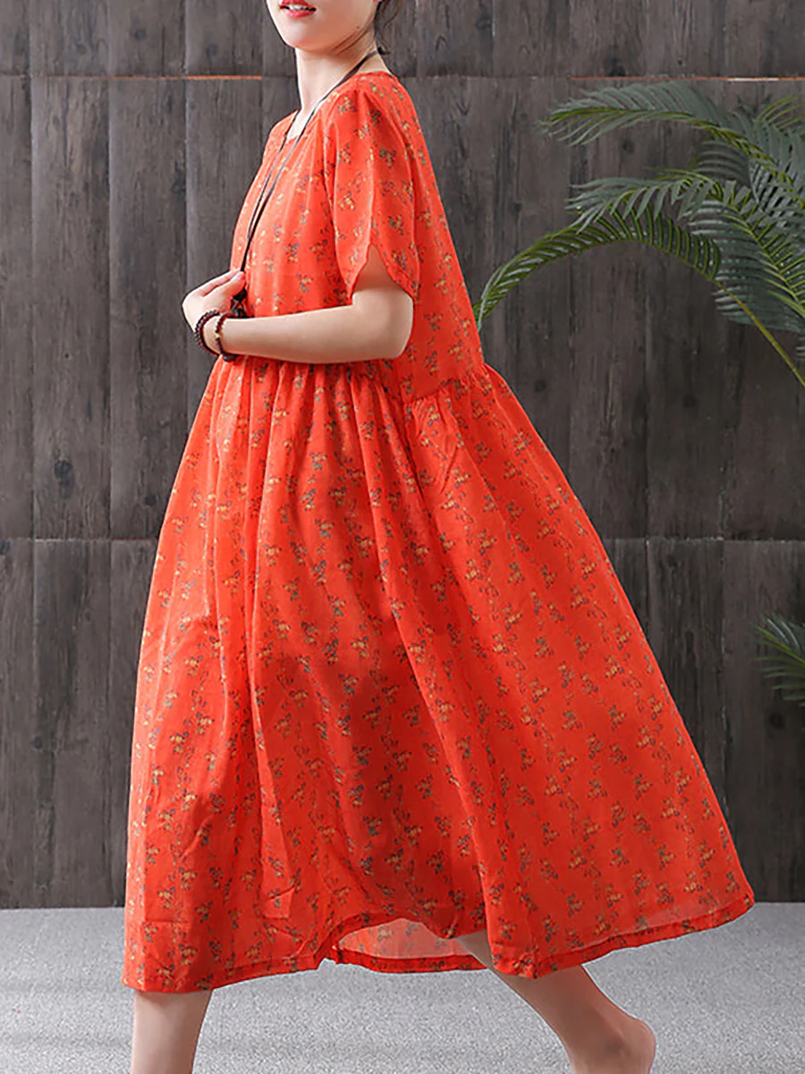 Plus Size - Floral Print Cotton Linen Loose A-Line Dress - Image 5