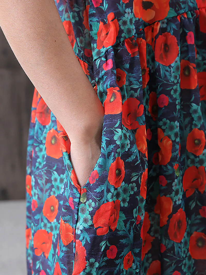 Plus Size - Floral Print Cotton Linen Loose A-Line Dress - Image 6