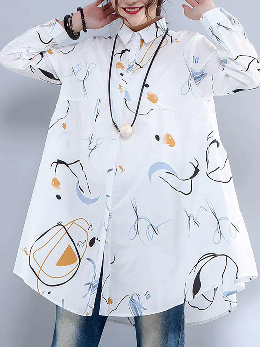 Plus Size Printed Single Breasted Polo Collar Shirt - Image 3