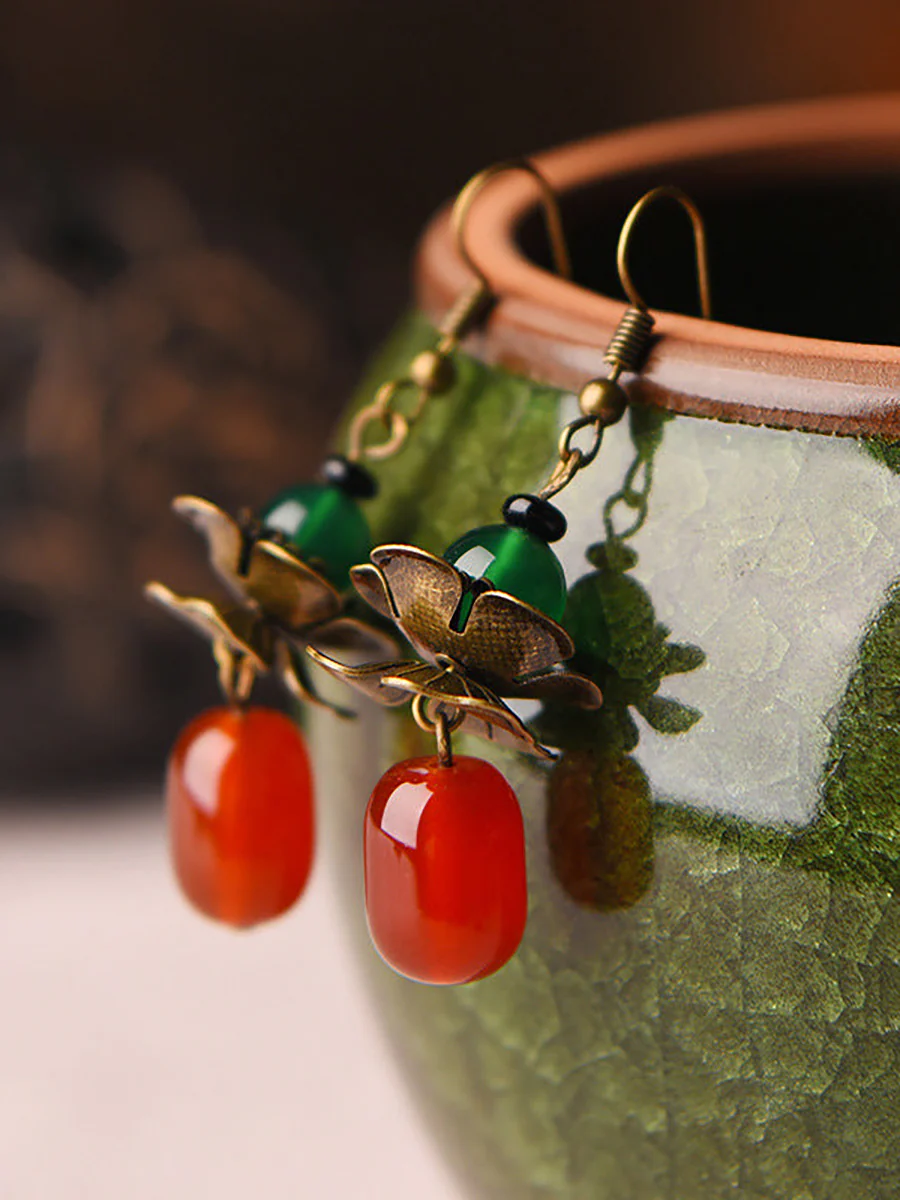 (2 Pairs )Retro Alloy Flower Red Agate Earrings - Image 3