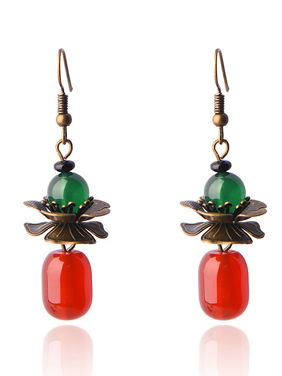 (2 Pairs )Retro Alloy Flower Red Agate Earrings - Image 5