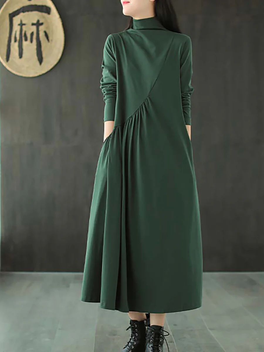 Plus Size Solid Color Draped High Neckline Dress - Image 10