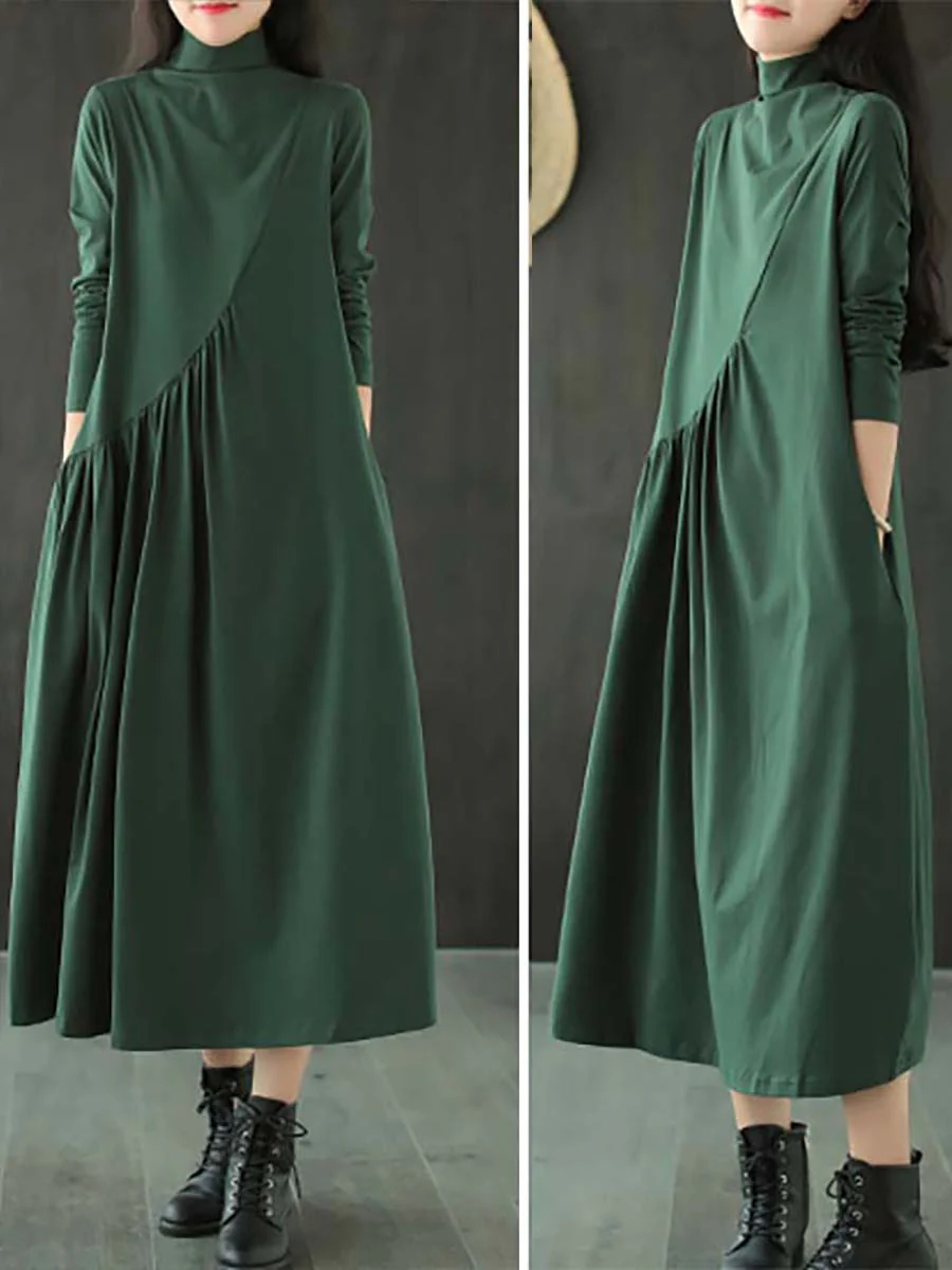 Plus Size Solid Color Draped High Neckline Dress - Image 11