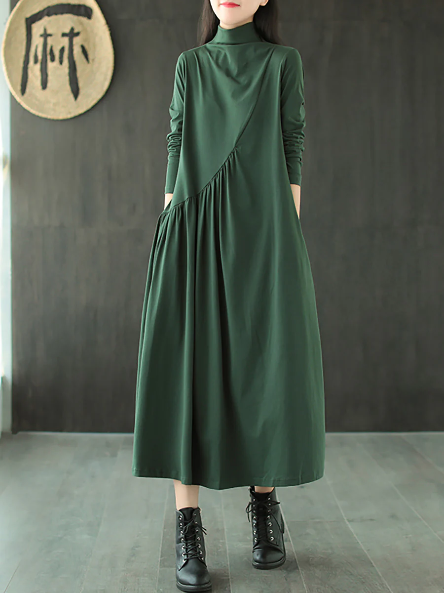 Plus Size Solid Color Draped High Neckline Dress - Image 3