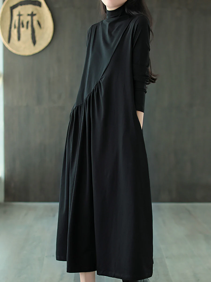 Plus Size Solid Color Draped High Neckline Dress - Image 4