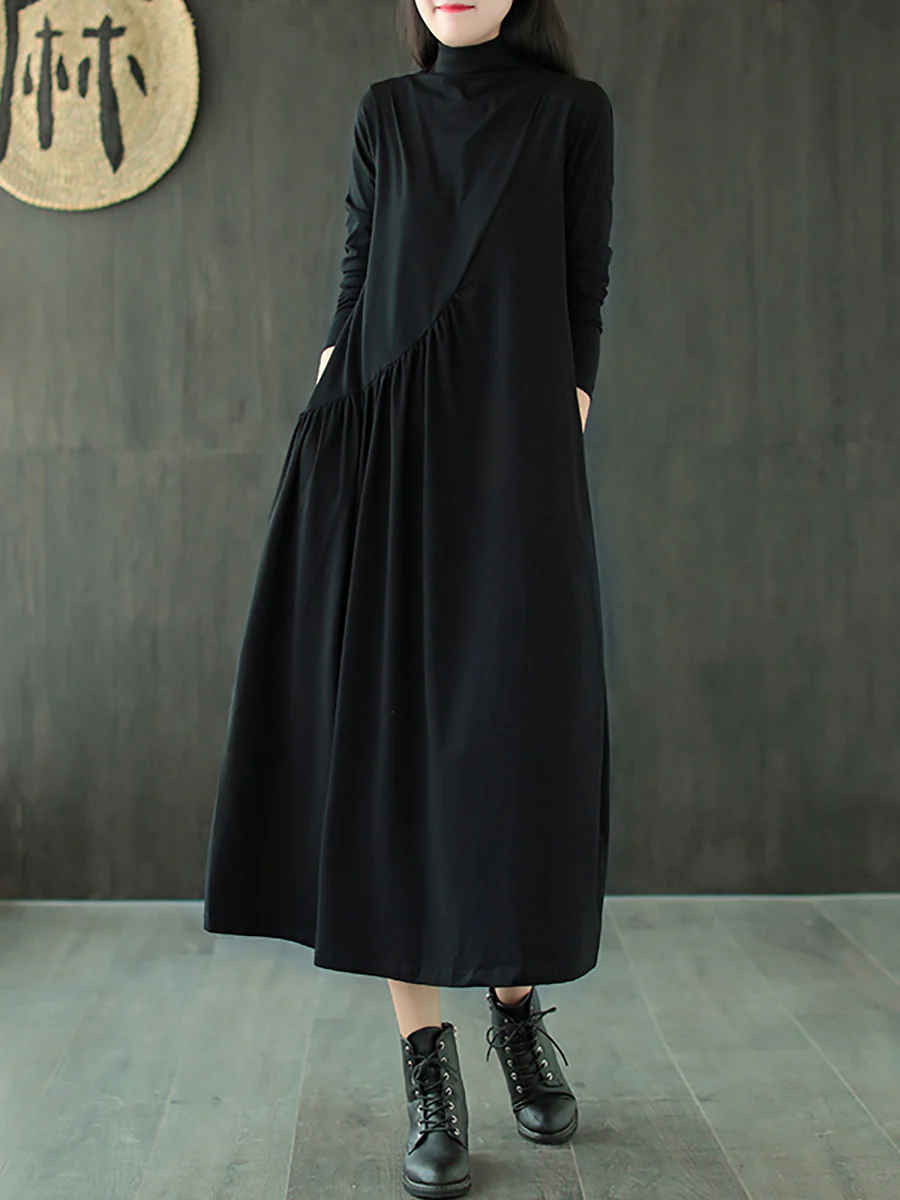 Plus Size Solid Color Draped High Neckline Dress - Image 5