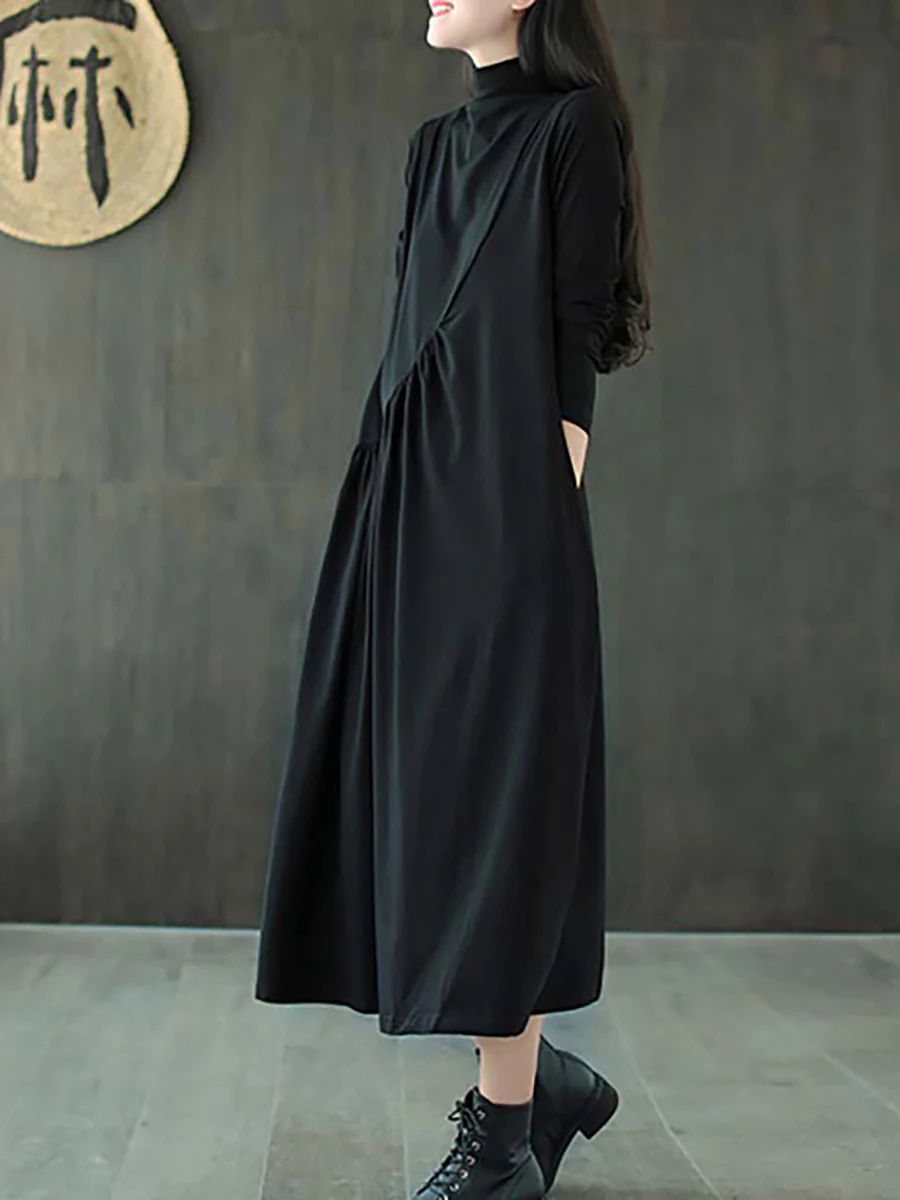 Plus Size Solid Color Draped High Neckline Dress - Image 6