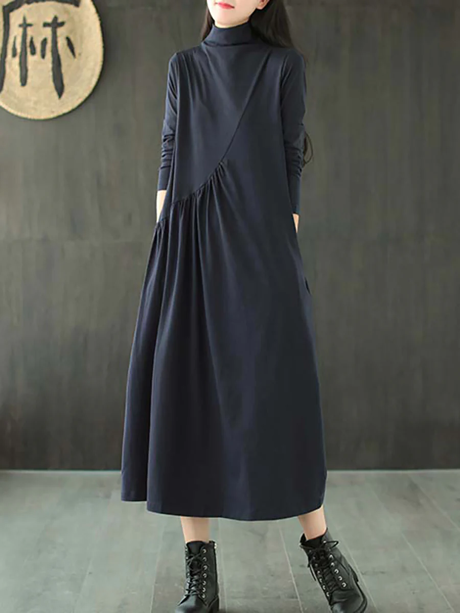 Plus Size Solid Color Draped High Neckline Dress - Image 7