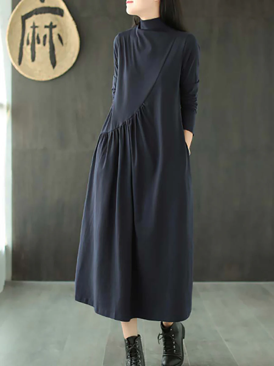 Plus Size Solid Color Draped High Neckline Dress - Image 8