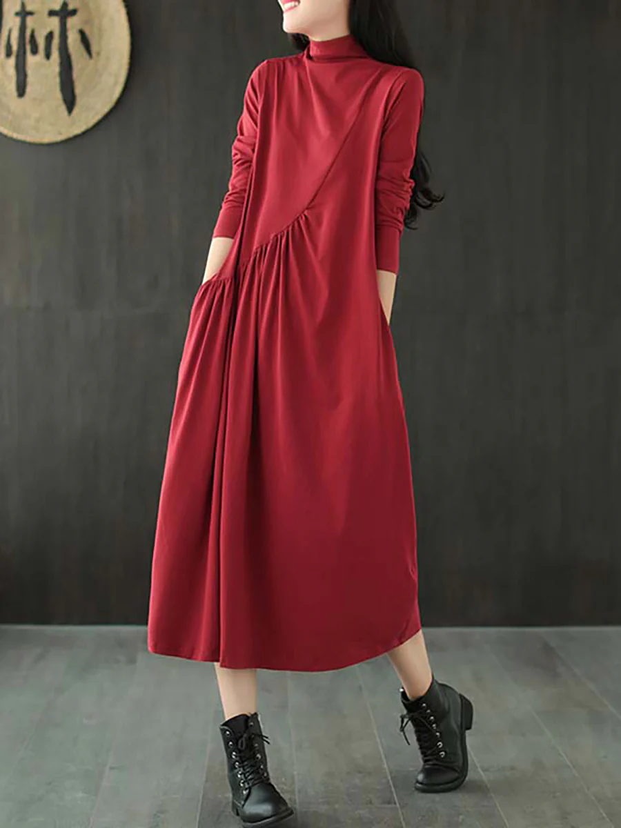 Plus Size Solid Color Draped High Neckline Dress - Image 9