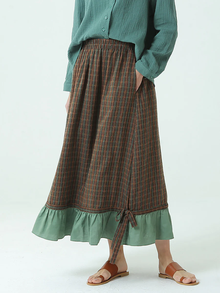 Plus Size Spring Elastic Waist Plaid Loose Vintage Long Skirt M-2XL - Image 3