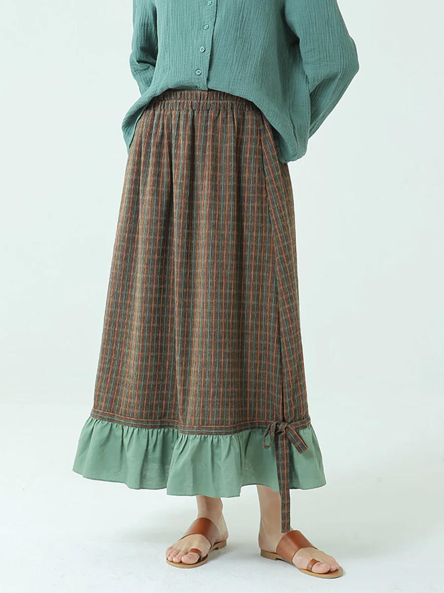 Plus Size Spring Elastic Waist Plaid Loose Vintage Long Skirt M-2XL - Image 4