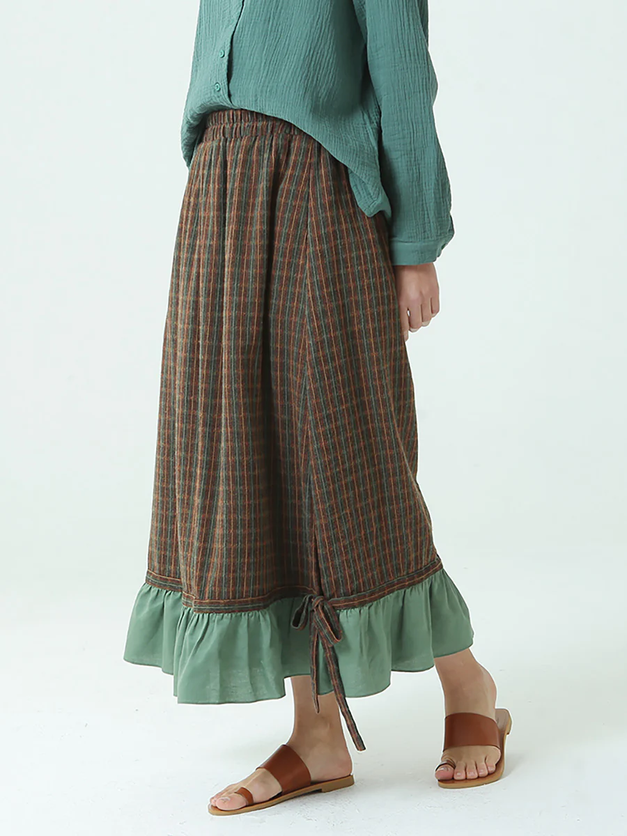 Plus Size Spring Elastic Waist Plaid Loose Vintage Long Skirt M-2XL - Image 5
